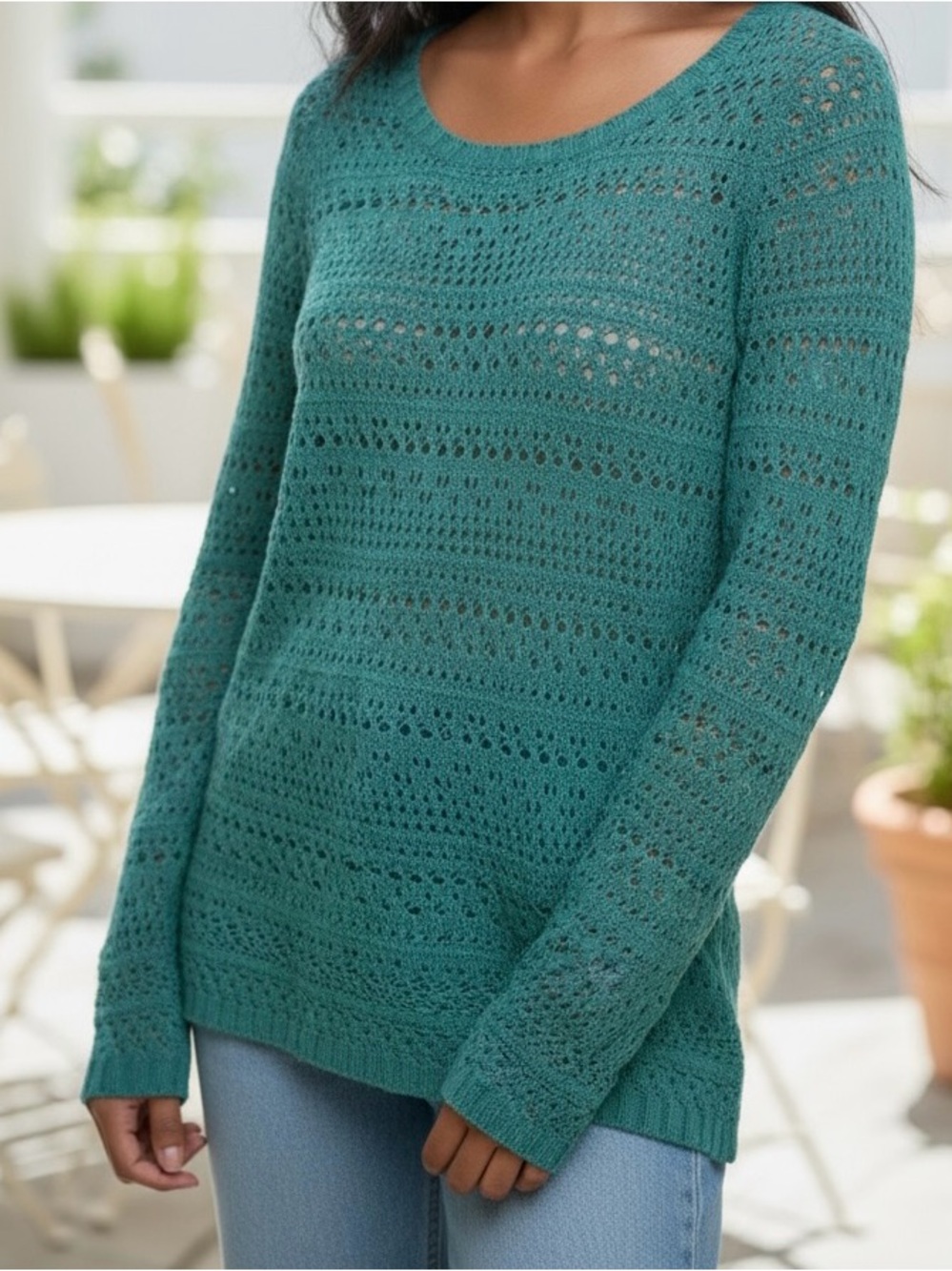 Olive & Oak Open Weave Deep Aqua Sweater Medium Runs Small